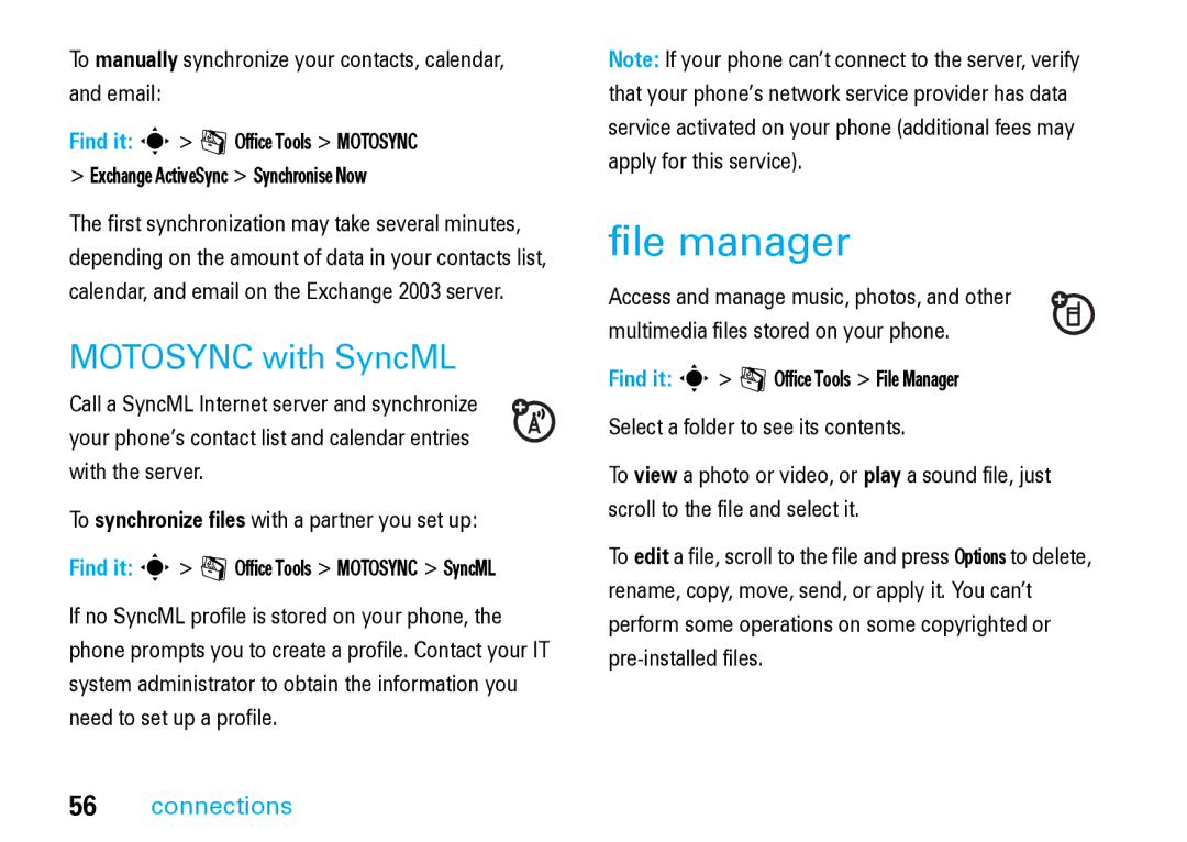 Motorola V8 Blue manual File manager, Motosync with SyncML 