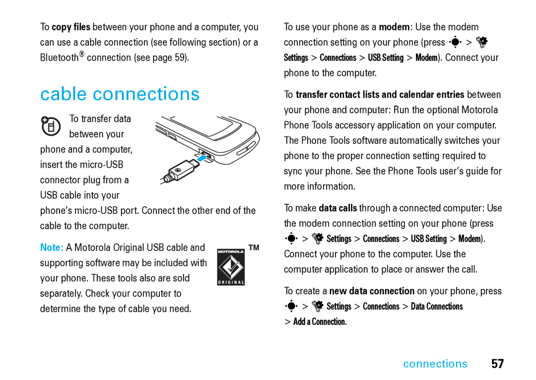 Motorola V8 Blue manual Cable connections, To transfer data, Add a Connection 