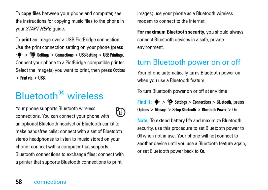 Motorola V8 Blue manual Bluetooth wireless, Turn Bluetooth power on or off, Print via USB 