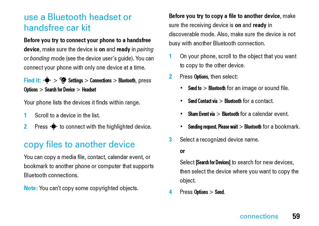 Motorola V8 Blue manual Use a Bluetooth headset or handsfree car kit, Copy files to another device 