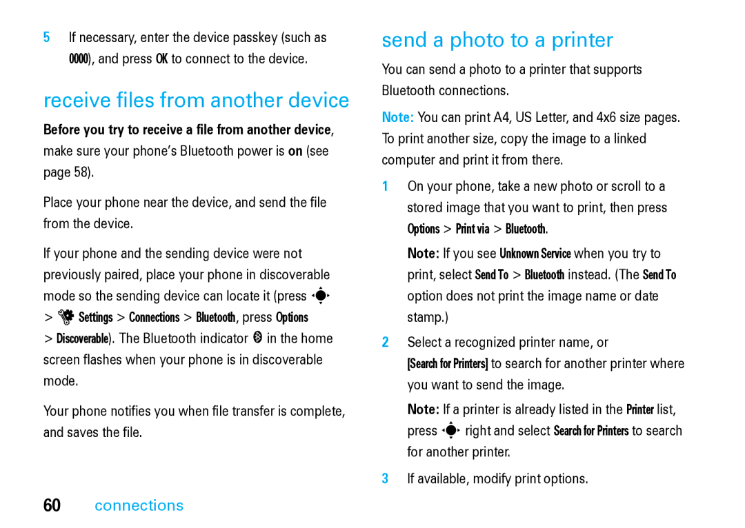 Motorola V8 Blue manual Receive files from another device, Send a photo to a printer 