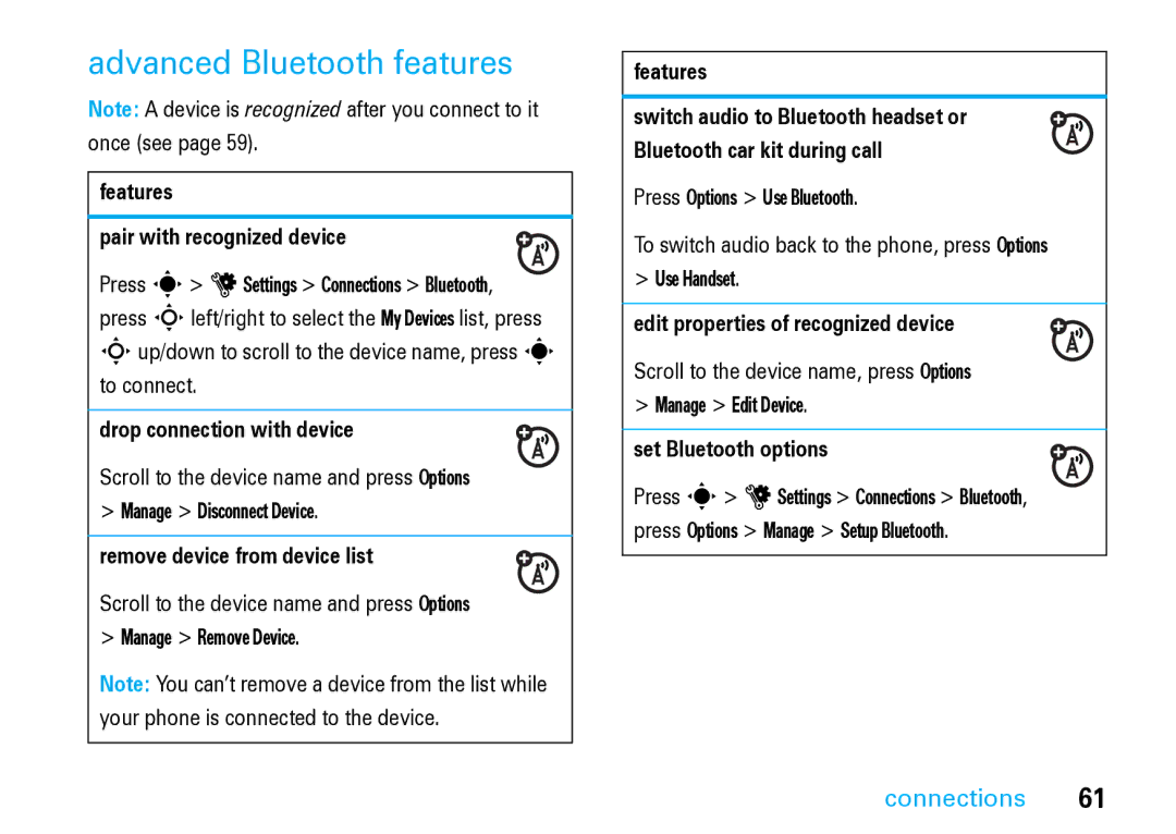 Motorola V8 Blue manual Advanced Bluetooth features 