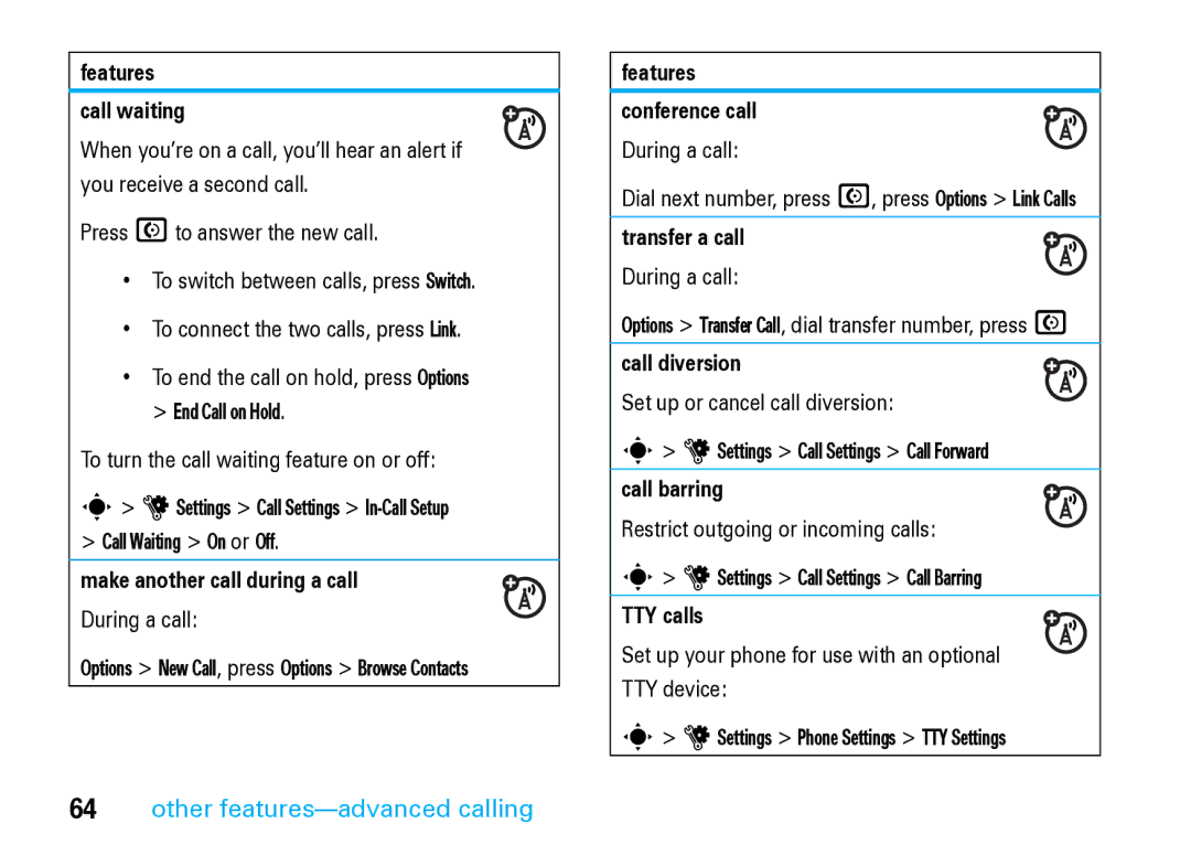 Motorola V8 Blue manual Features Call waiting, Make another call during a call, Features Conference call, Transfer a call 