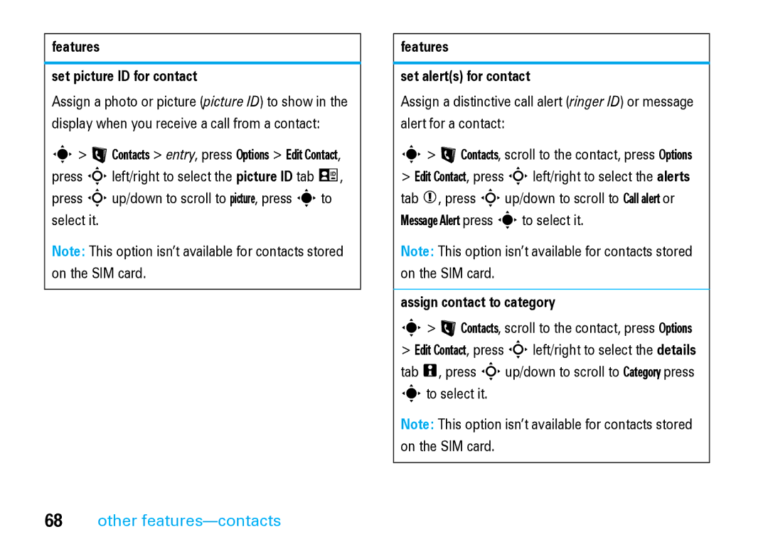Motorola V8 Blue manual Features Set picture ID for contact, Features Set alerts for contact, Assign contact to category 