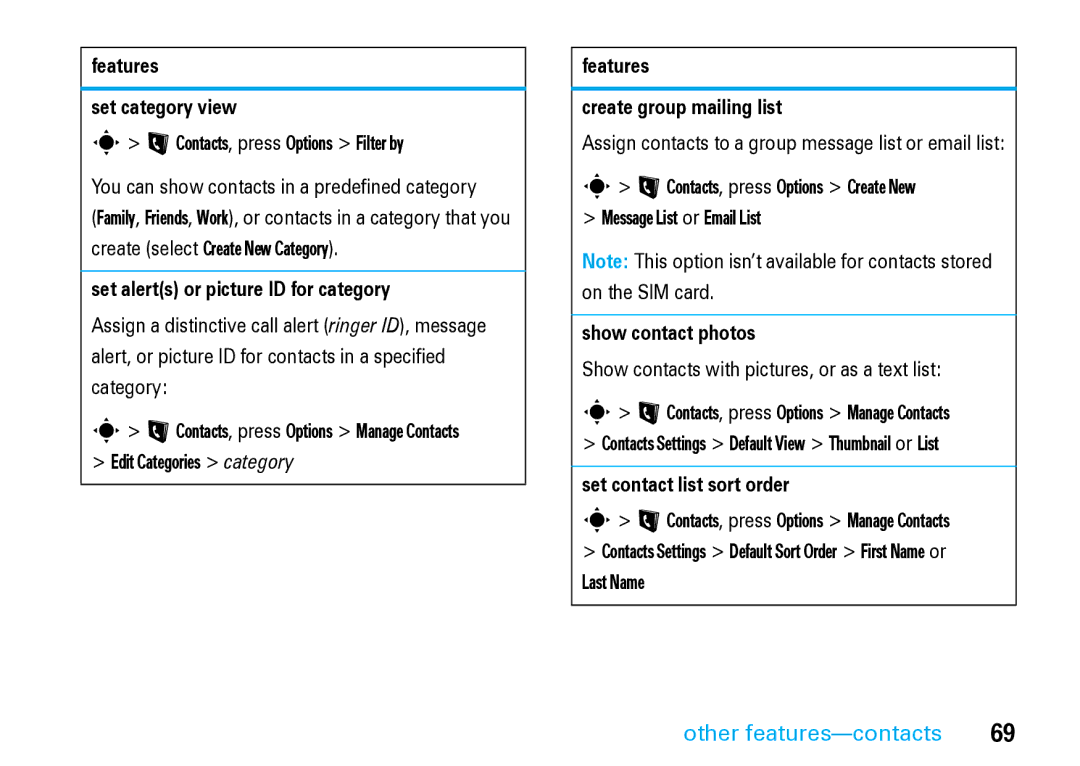Motorola V8 Blue Features Set category view, Set alerts or picture ID for category, Features Create group mailing list 