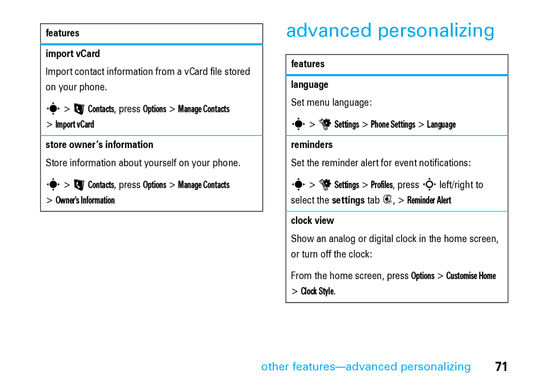 Motorola V8 Blue manual Advanced personalizing, Other features-advanced personalizing 