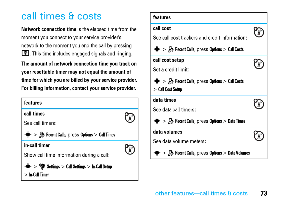 Motorola V8 Blue manual Call times & costs, Other features-call times & costs 