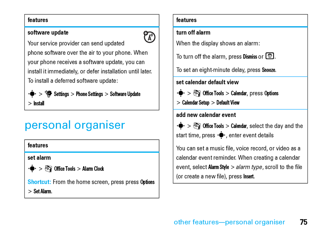 Motorola V8 Blue manual Personal organiser, Other features-personal organiser 