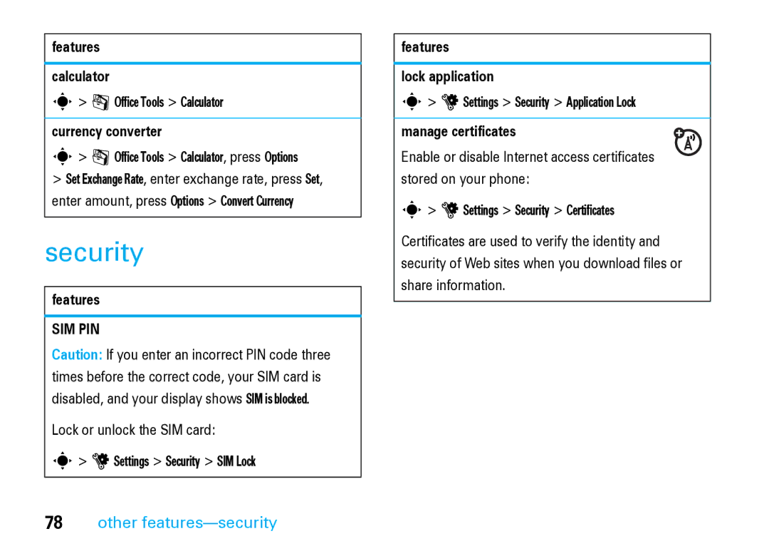 Motorola V8 Blue manual Security, Other features-security 