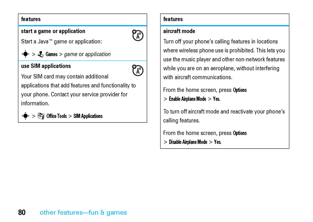 Motorola V8 Blue manual Features Start a game or application, Start a Java game or application, Use SIM applications 