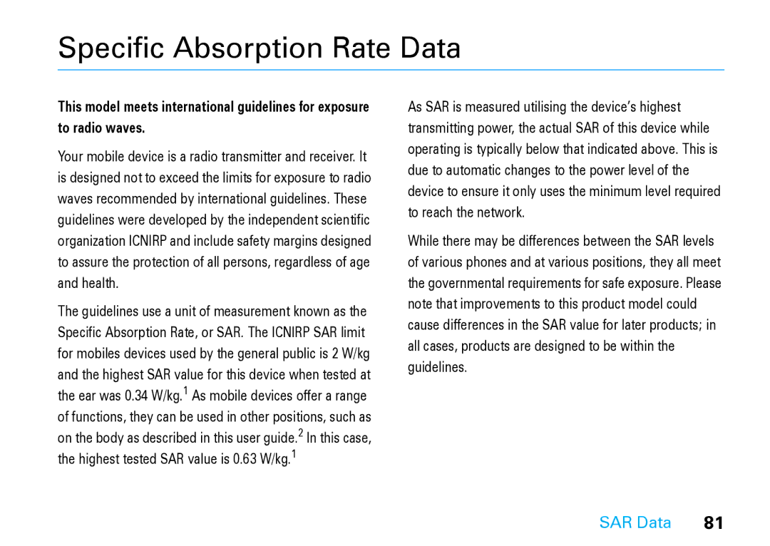 Motorola V8 Blue manual Specific Absorption Rate Data, SAR Data 