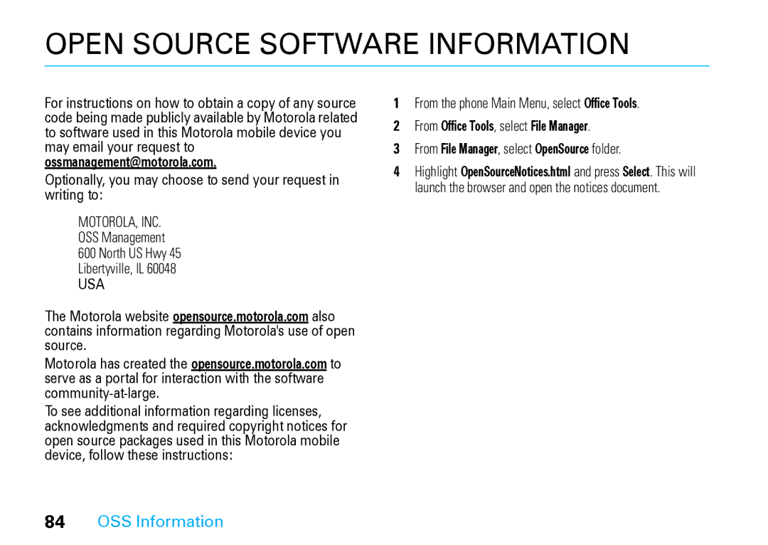 Motorola V8 Blue manual OSS Information, OSS Management North US Hwy Libertyville, IL 