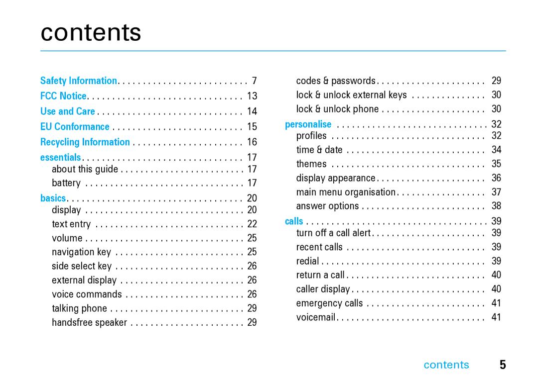 Motorola V8 Blue manual Contents 