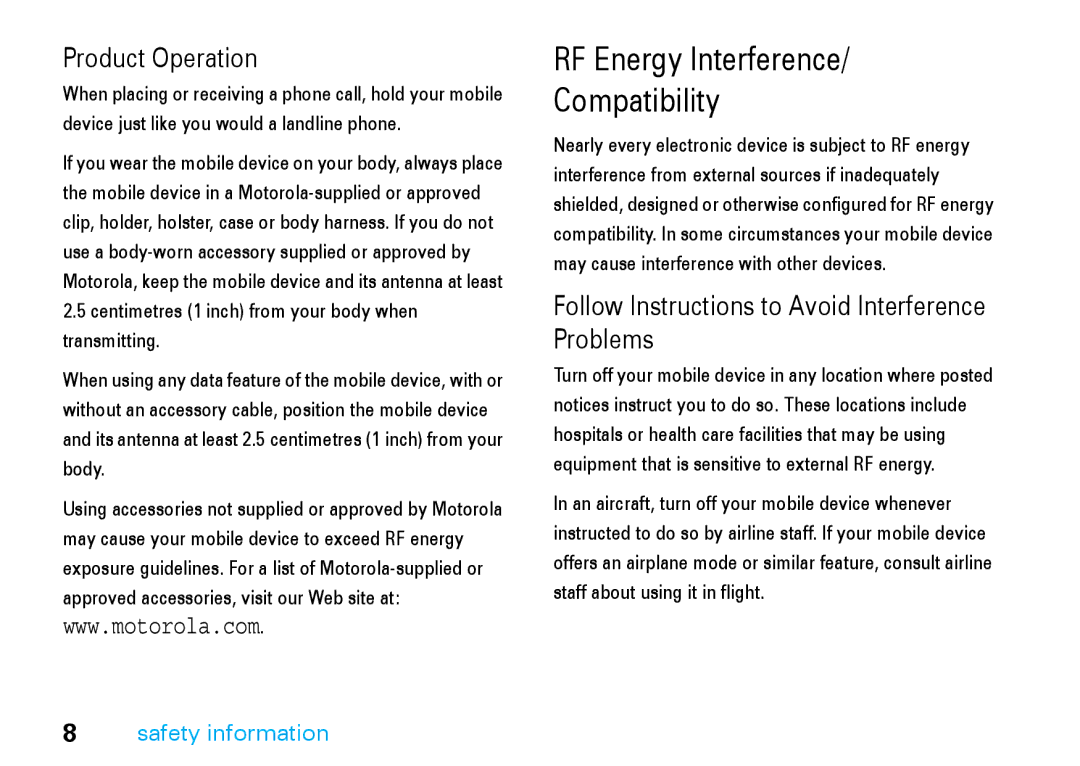 Motorola V8 manual RF Energy Interference Compatibility 