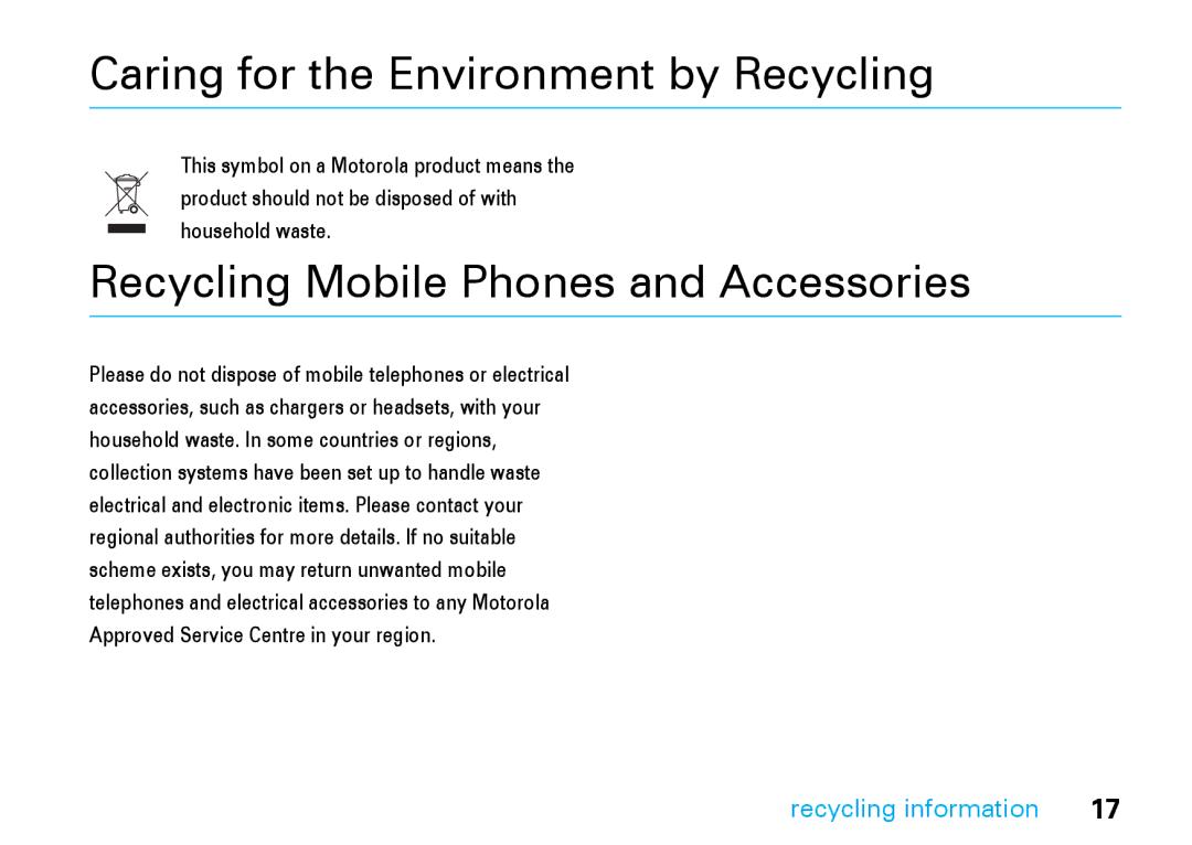 Motorola V8 manual Caring for the Environment by Recycling, Recycling information 