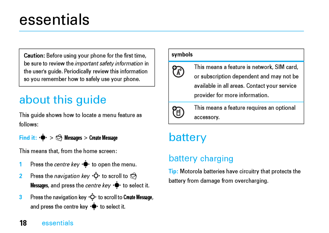 Motorola V8 manual Essentials, About this guide, Battery charging 