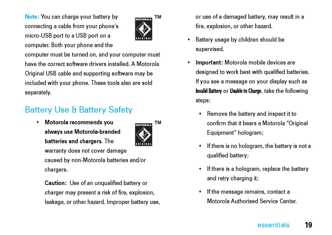 Motorola V8 manual Battery Use & Battery Safety, Battery usage by children should be supervised 