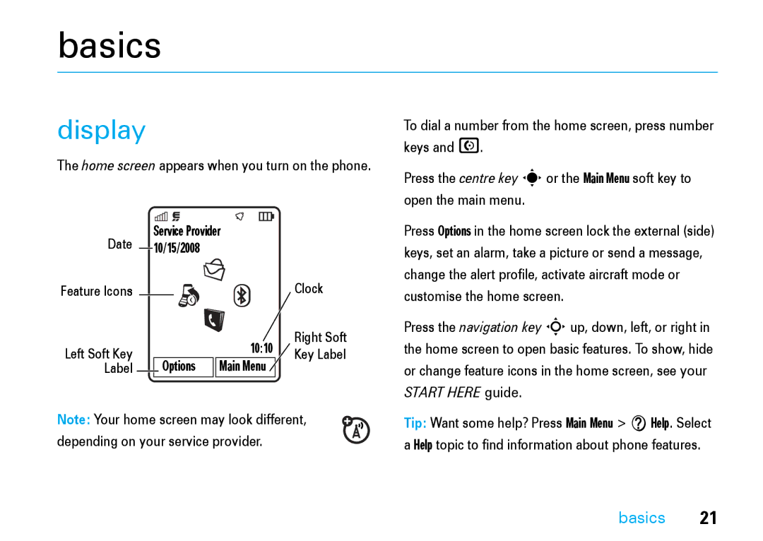 Motorola V8 manual Basics, Display 