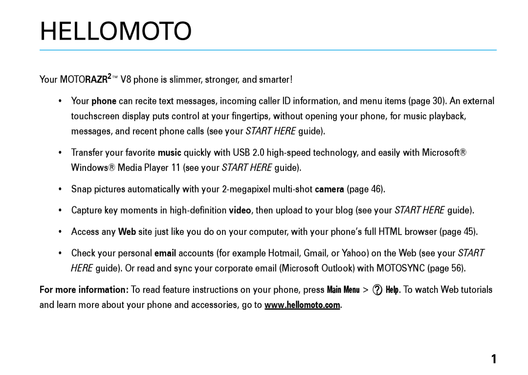 Motorola manual Hellomoto, Your MOTORAZR2 V8 phone is slimmer, stronger, and smarter 
