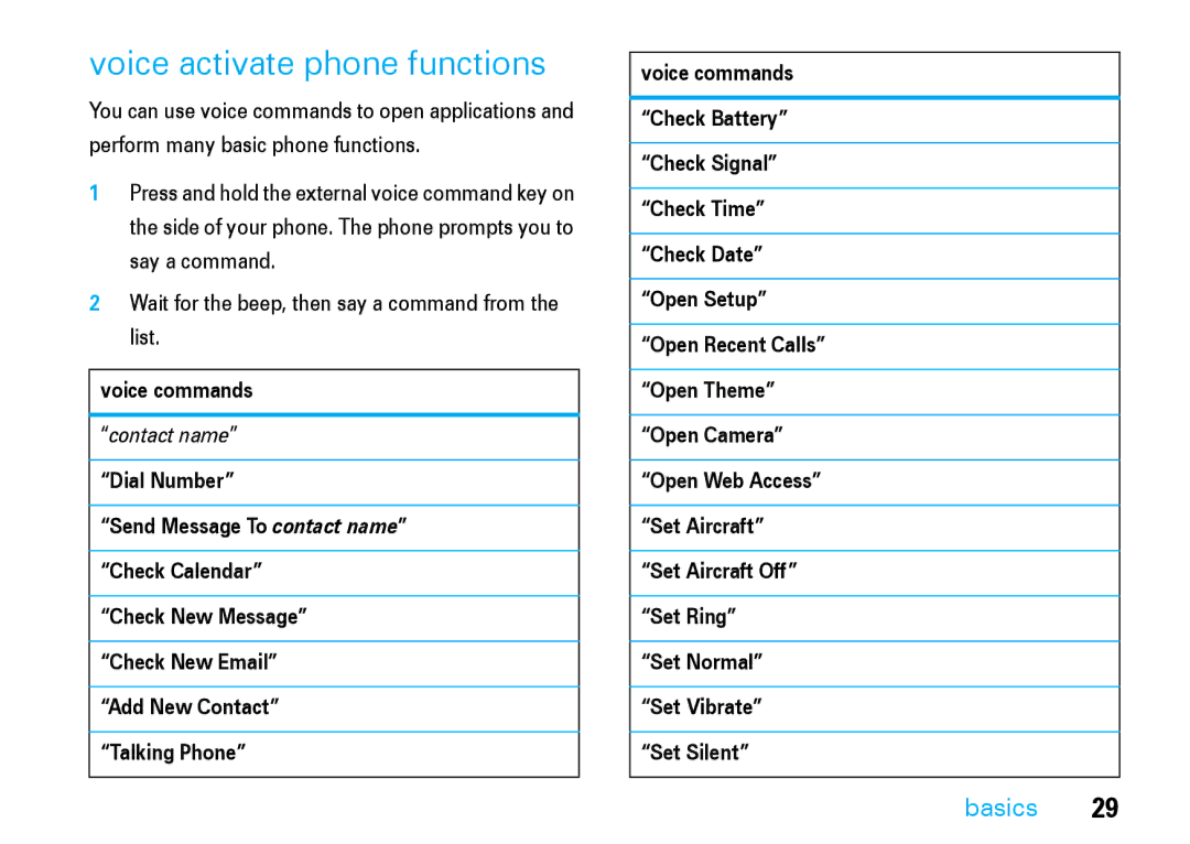 Motorola V8 manual Voice activate phone functions, Voice commands 