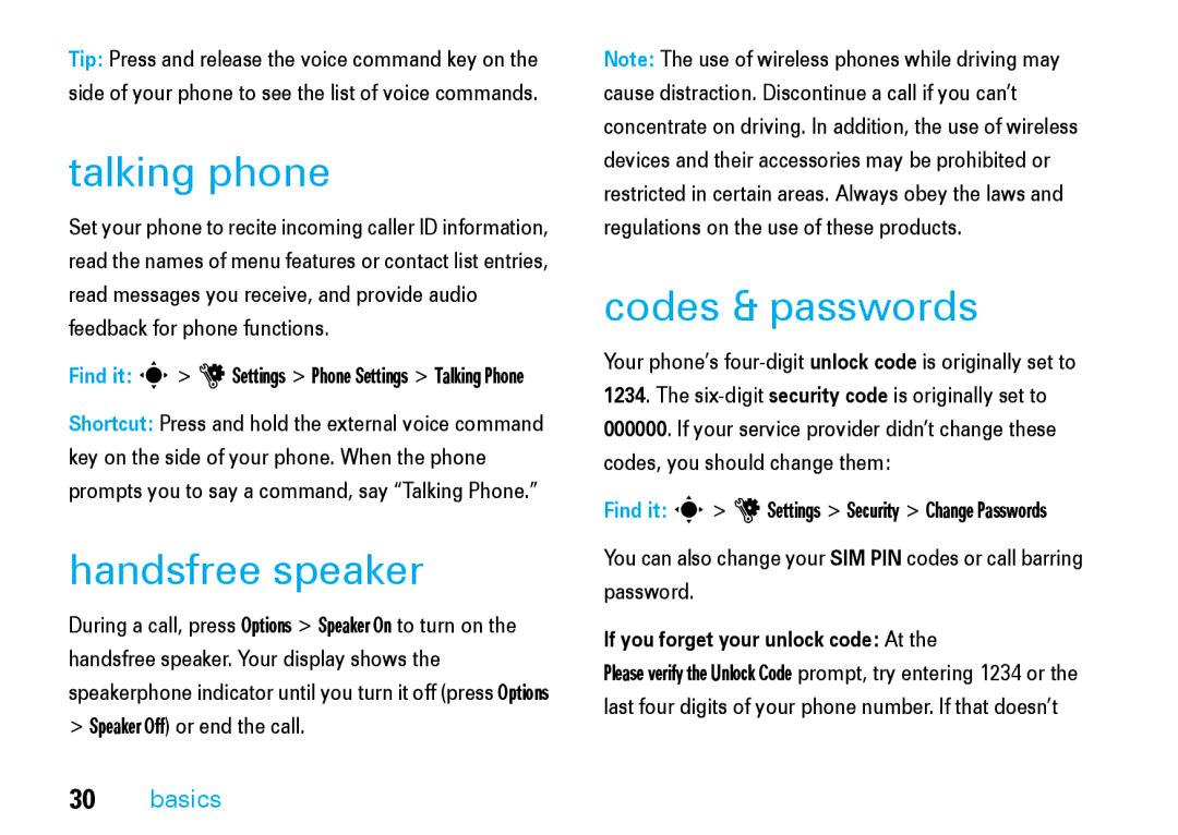 Motorola V8 manual Talking phone, Handsfree speaker, Codes & passwords, If you forget your unlock code At 