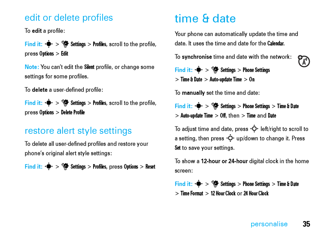 Motorola V8 manual Time & date, Edit or delete profiles, Restore alert style settings 