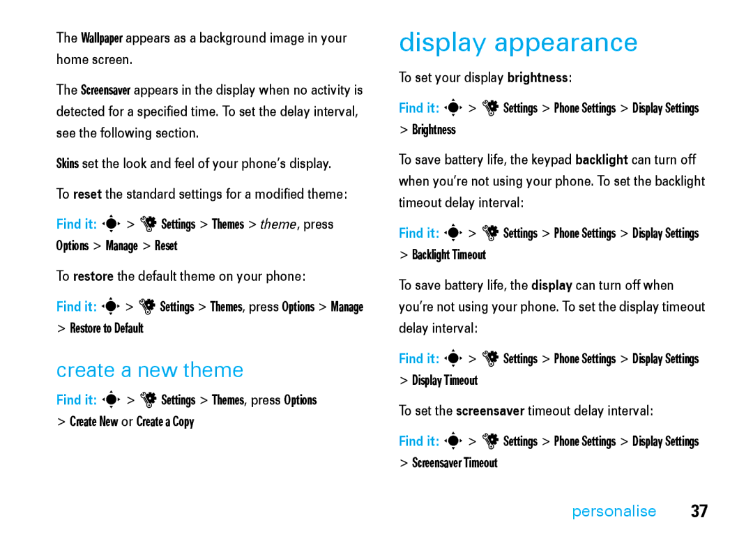 Motorola V8 manual Display appearance, Create a new theme, Restore to Default, To set your display brightness 