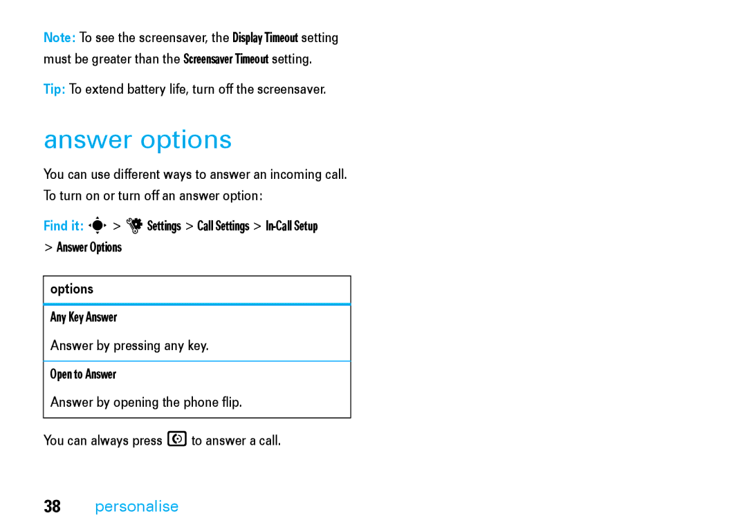 Motorola V8 manual Answer options, Tip To extend battery life, turn off the screensaver, Options 