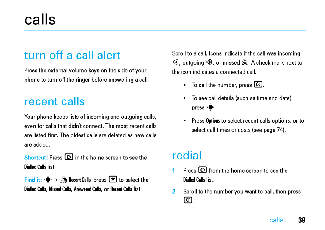 Motorola V8 manual Calls, Turn off a call alert, Recent calls, Redial 