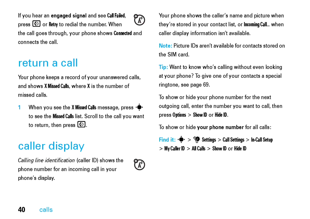 Motorola V8 manual Return a call, Caller display, To show or hide your phone number for all calls 