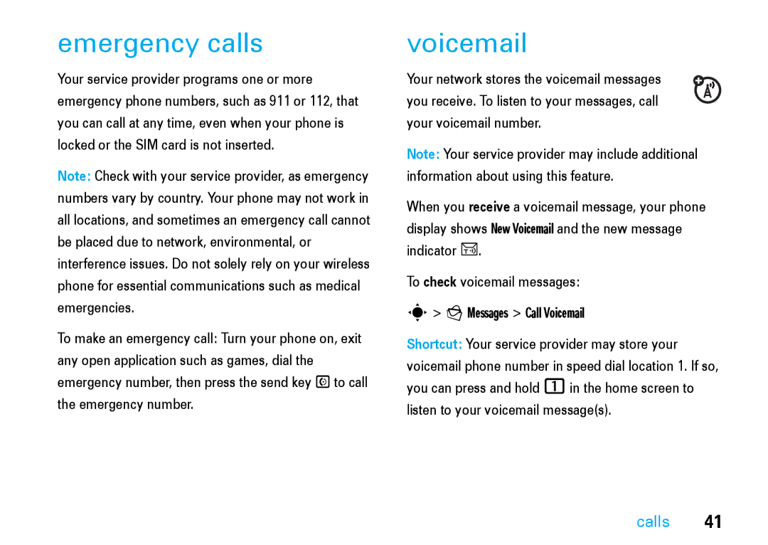 Motorola V8 manual Emergency calls, Voicemail 