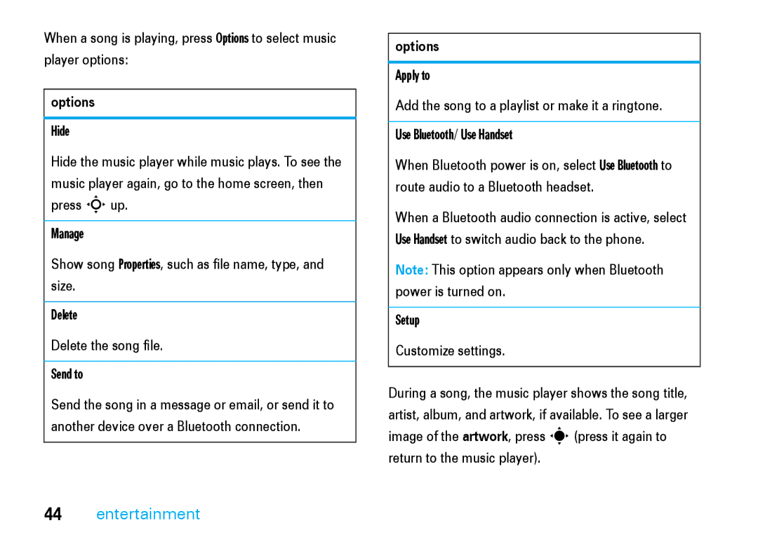 Motorola V8 manual Options, Setup Customize settings 