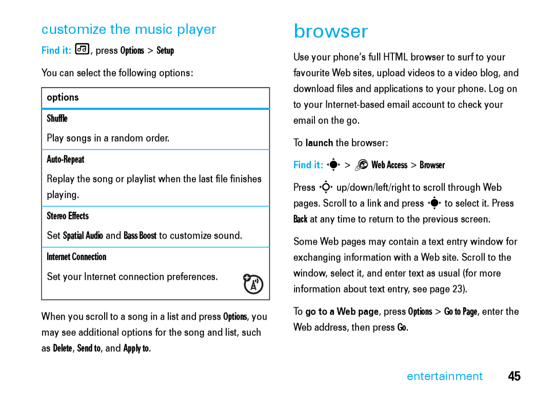 Motorola V8 manual Browser, Internet Connection Set your Internet connection preferences 