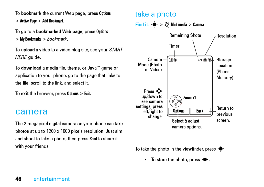 Motorola V8 manual Camera, Take a photo 