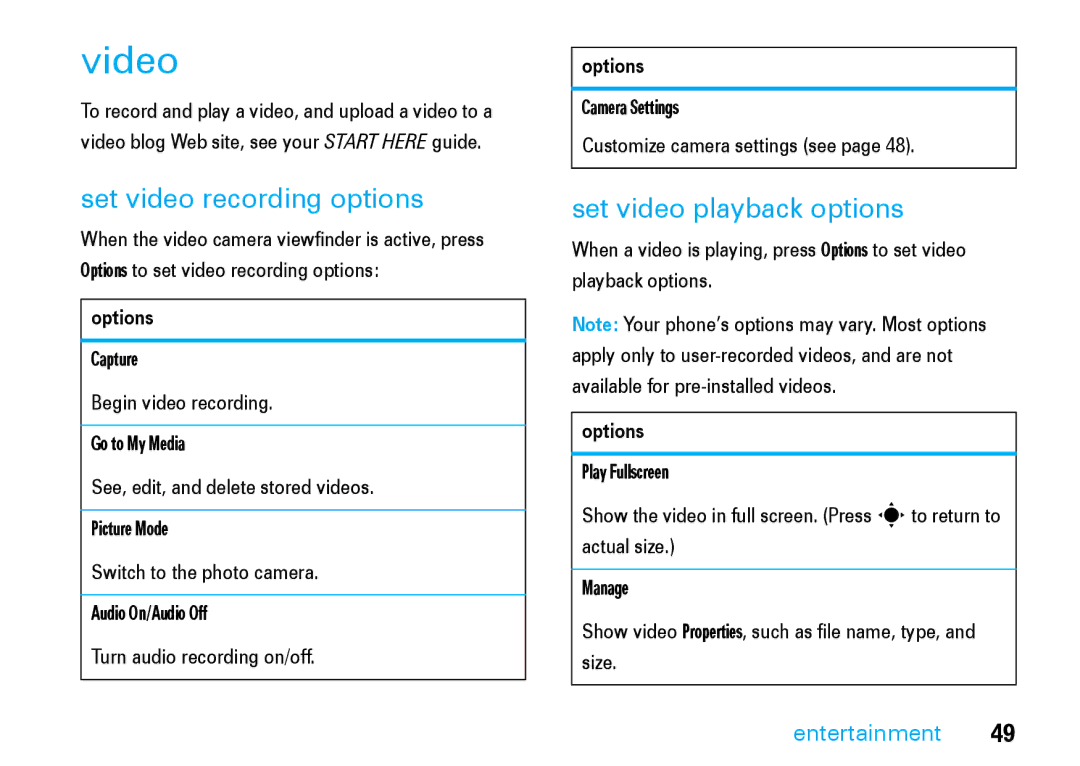 Motorola V8 manual Video, Camera Settings Customize camera settings see 