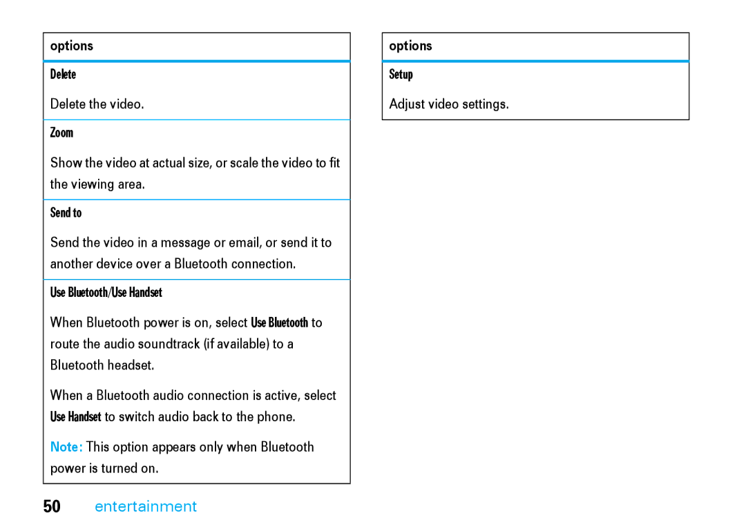 Motorola V8 manual Setup Adjust video settings 