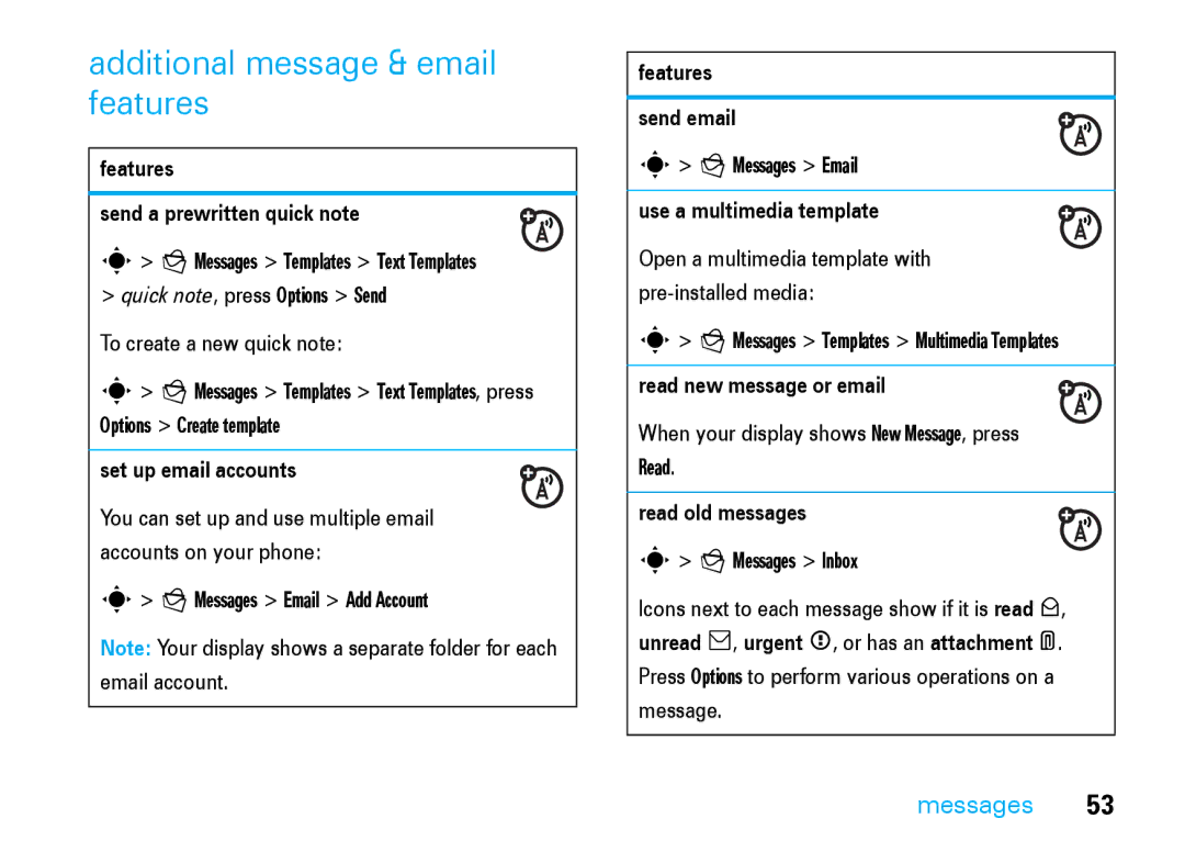 Motorola V8 manual Additional message & email features 