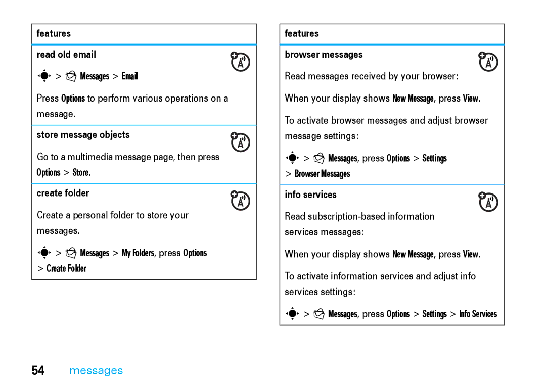 Motorola V8 manual Features Read old email, Store message objects, Create folder, Features Browser messages, Info services 