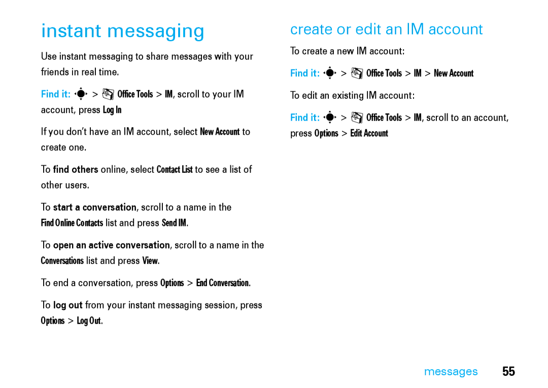 Motorola V8 manual Instant messaging, Create or edit an IM account 