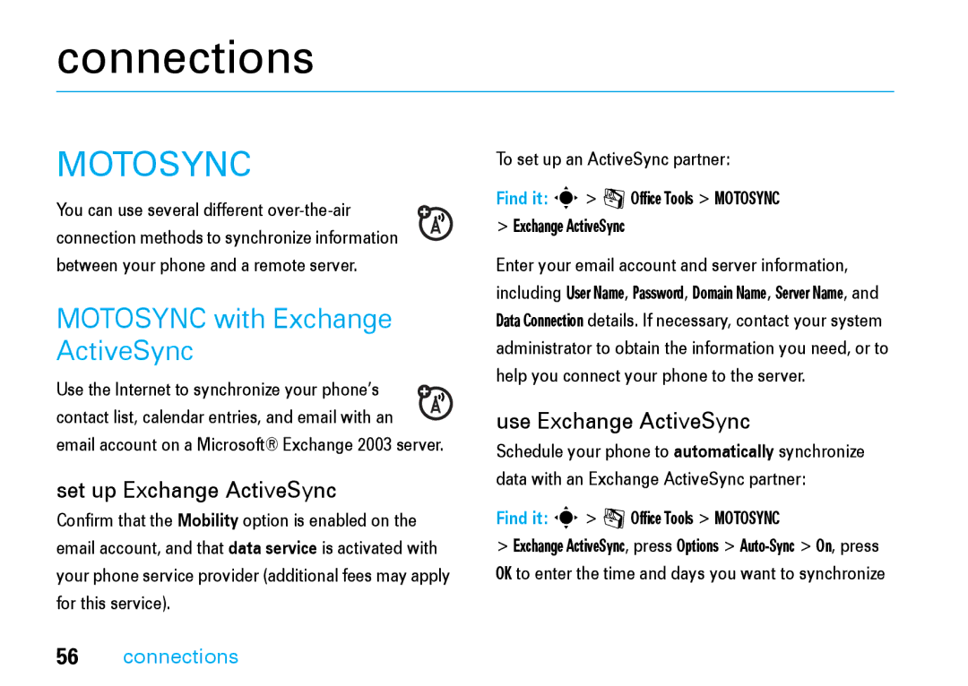 Motorola V8 manual Connections, Motosync with Exchange ActiveSync 