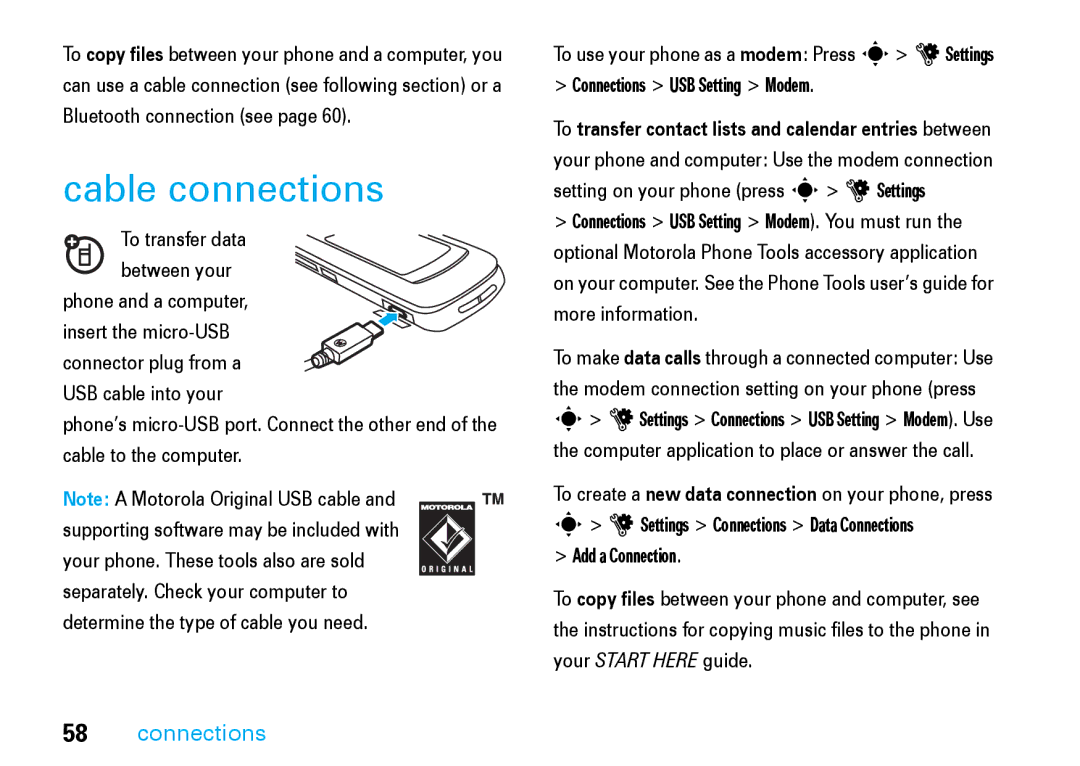 Motorola V8 manual Cable connections, To transfer data, Add a Connection 