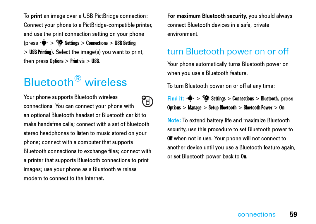 Motorola V8 Bluetooth wireless, Turn Bluetooth power on or off, Connect Bluetooth devices in a safe, private environment 