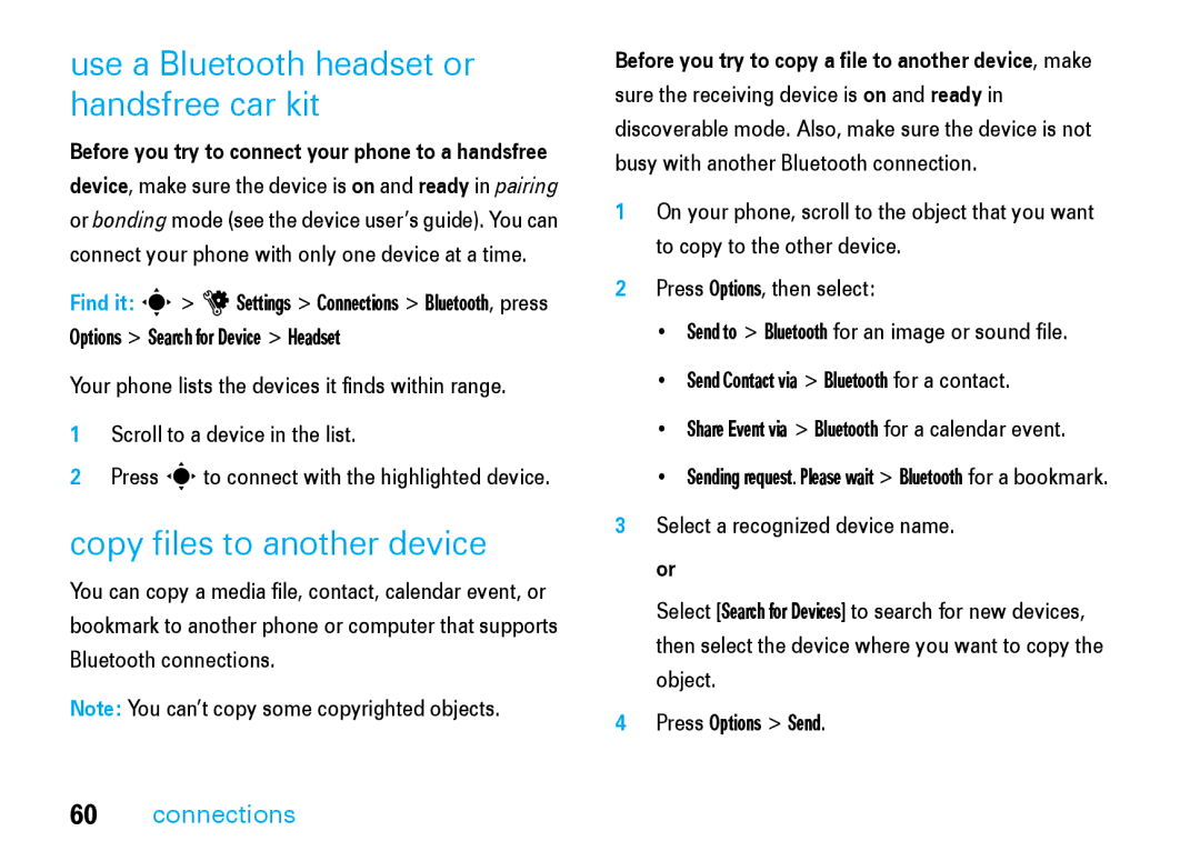 Motorola V8 manual Use a Bluetooth headset or handsfree car kit, Copy files to another device 