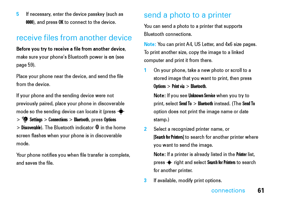 Motorola V8 manual Receive files from another device, Send a photo to a printer 