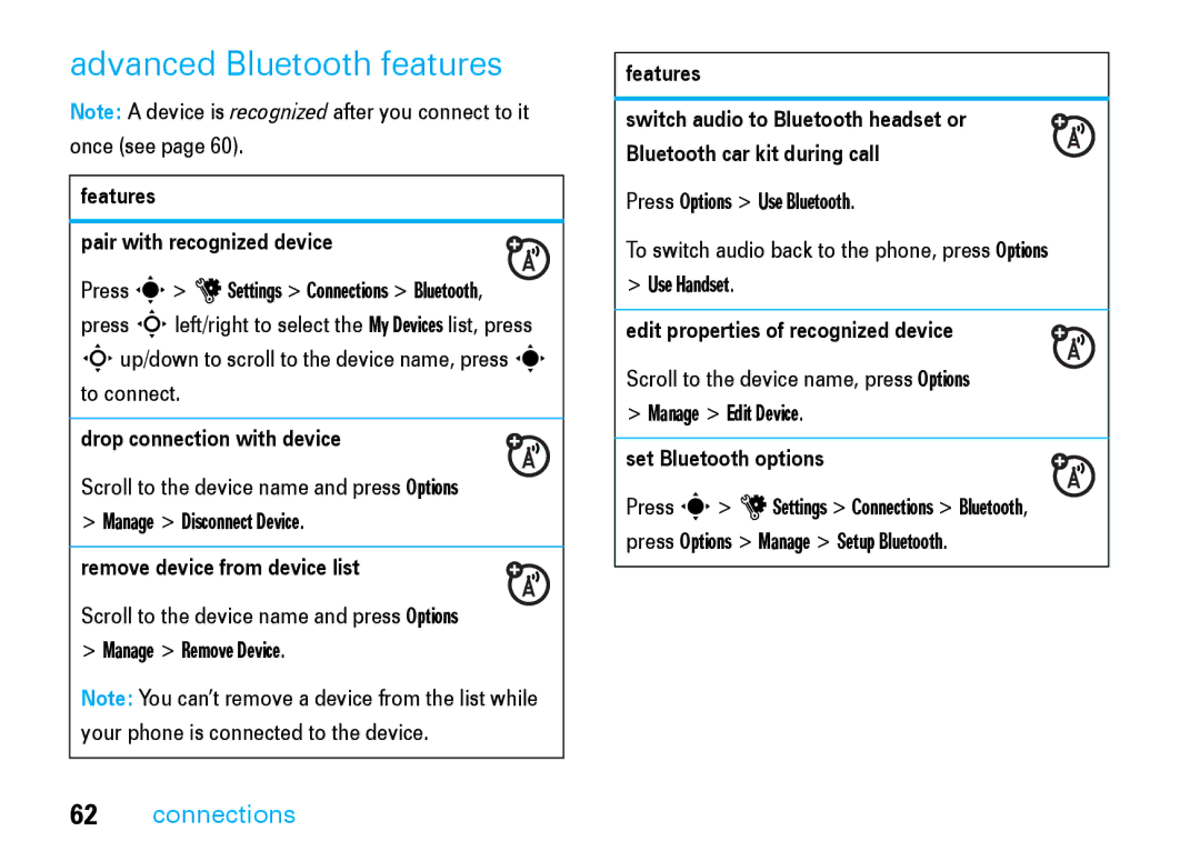 Motorola V8 manual Advanced Bluetooth features 