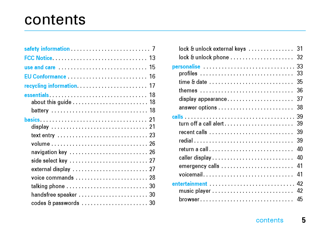 Motorola V8 manual Contents 