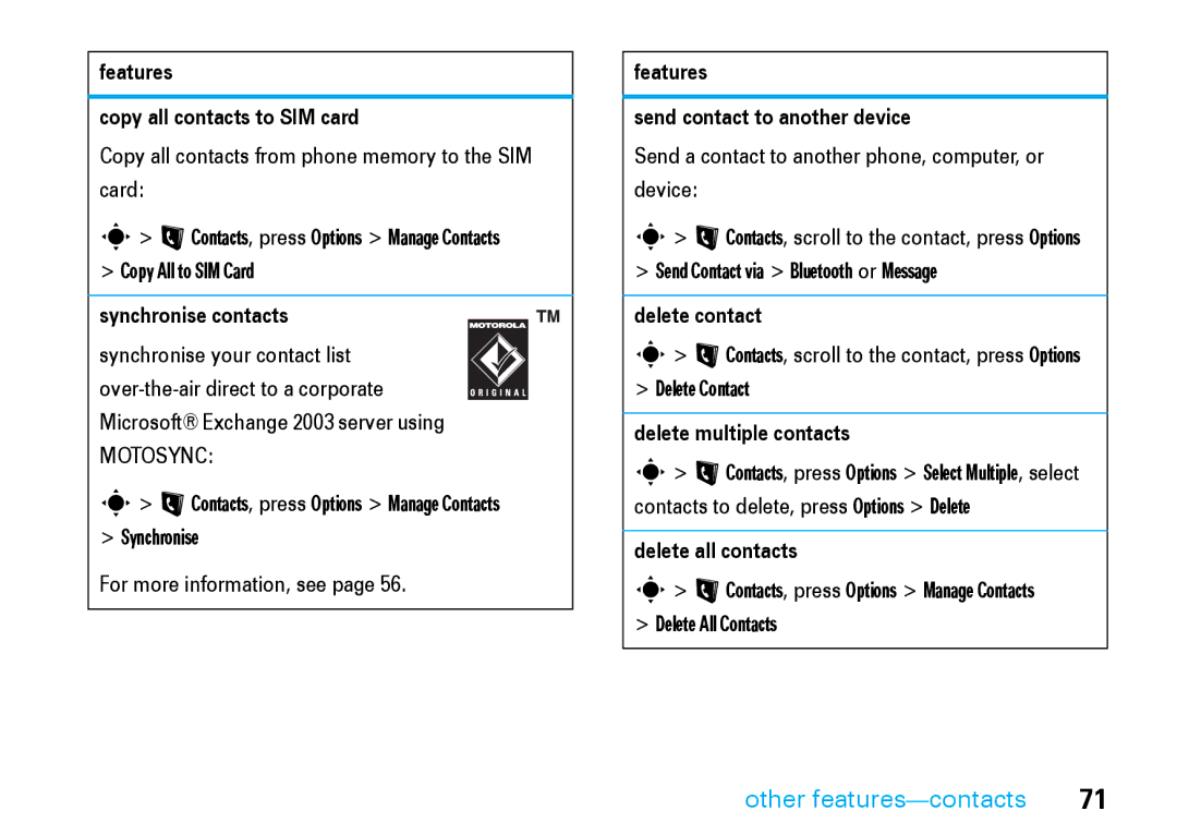 Motorola V8 manual Features Copy all contacts to SIM card, Synchronise contacts, Features Send contact to another device 