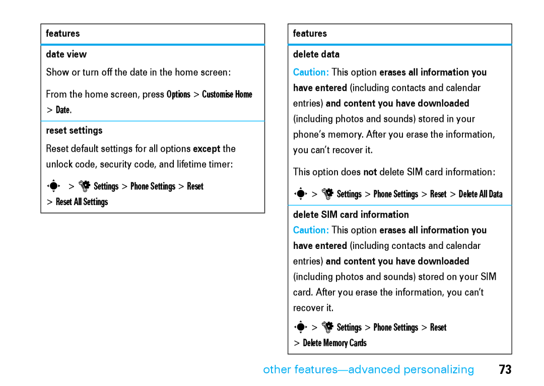 Motorola V8 manual Features Date view, Reset settings, Features Delete data, Delete SIM card information 