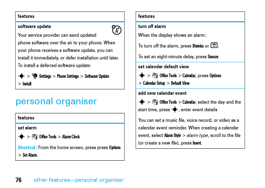 Motorola V8 manual Personal organiser, Other features-personal organiser 