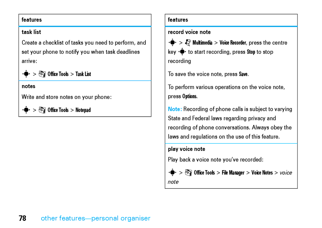 Motorola V8 manual Features Task list, Features Record voice note, Play voice note 